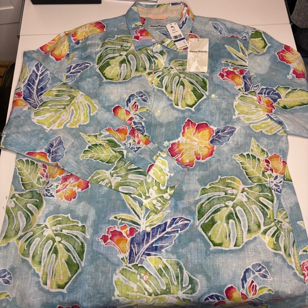 Tommy Bahama Tropical Floral Print Long Sleeve Button Up Shirt 100% Linen NWT
